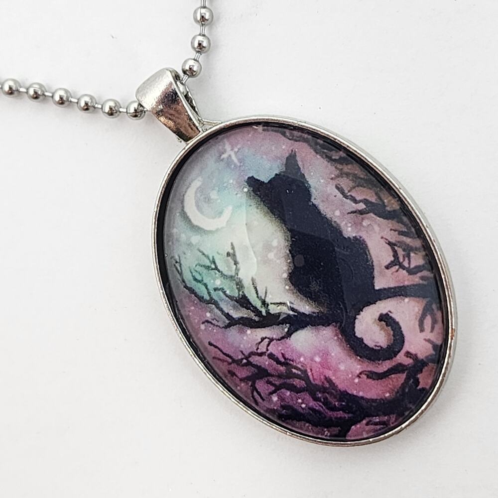 Crossing Paths Black Cat Oval Pendant Necklace - Picture 2 of 6